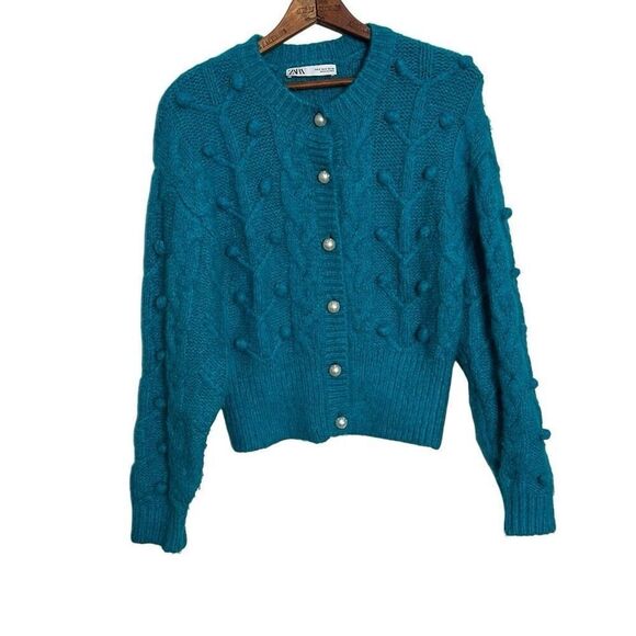 ZARA Pearl Buttons Chunky Knit Long Sleeve Cardigan Sweater Teal Blue Small - Picture 1 of 7